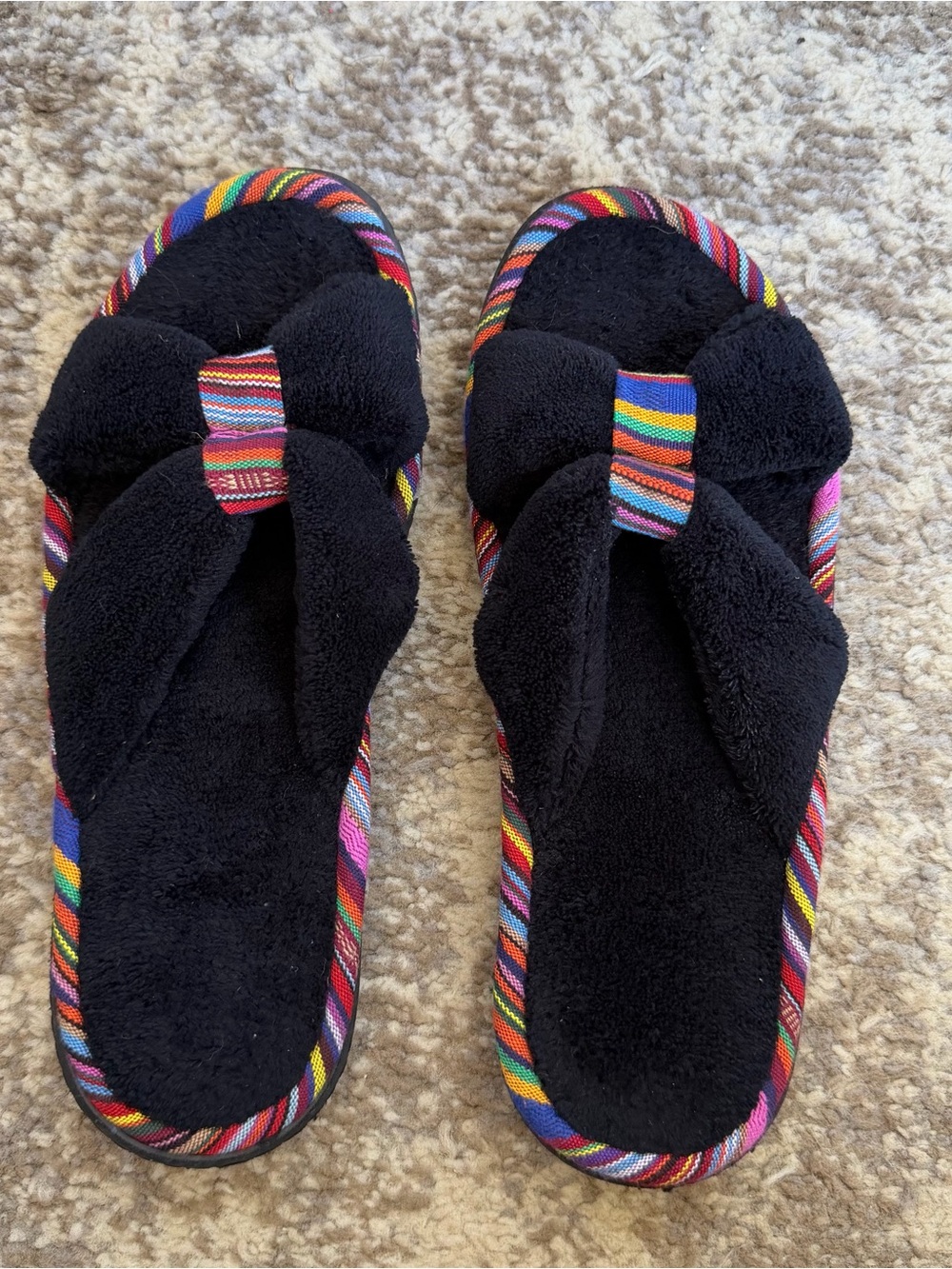 isotoner Black Plush Slide Slippers with Multicolor Stripe Trim